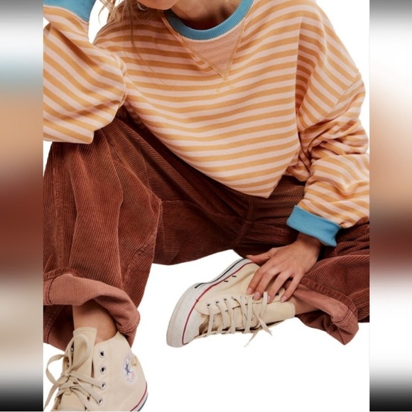 FREE PEOPLE Classic Striped Oversized Crewneck in Latte - Picture 3 of 8